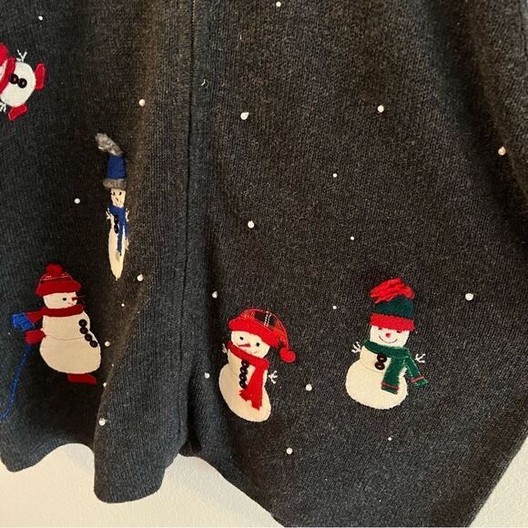 Crazy Horse Sweater Cardigan Snowmen Size 2X Zip Front Pearl Accents Gray - Picture 5 of 8